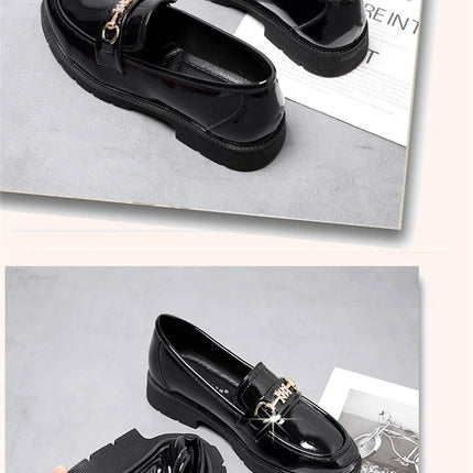Women's Mary Jane Platform Shoes Round Head Spring New Metal Chain Casual Soft Patent Leather Slip on Loafers Office Size 35-41