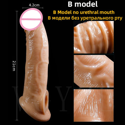 Realistic Silicone Reusable Penis Sleeve Extender Penis Condom Extension Sex Toy for Men Cock Sleeve Enlarger Delay Ejaculation