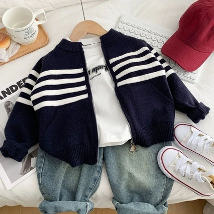 Boys' Contrast-Color Round Neck Cardigan  Spring Autumn Striped Knit Top with Fashion Yarn - Cool & Stylish