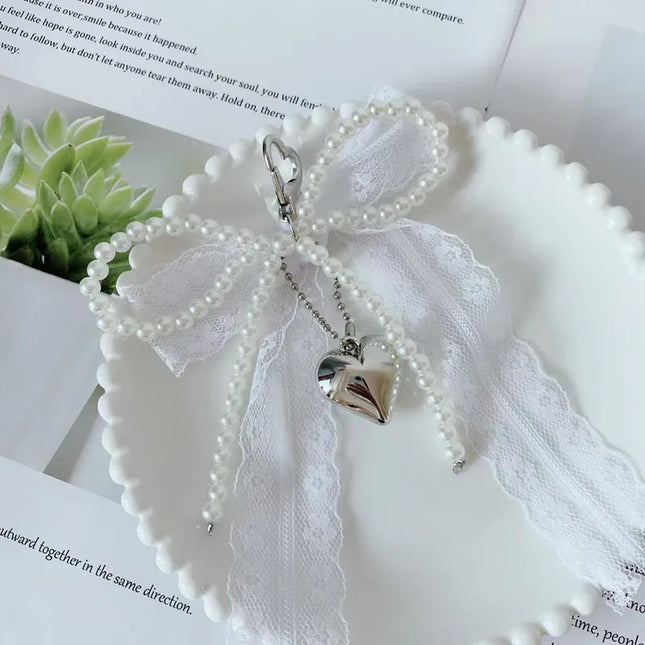 2025 New Korean Sweet Pearl Bow Keychain Heart Pendant Keyring Y2K Aesthetic Key Holder for Girls Bag Pendant Accessories