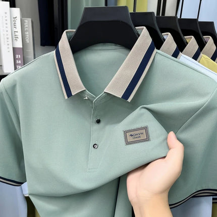2026 Summer Ice Silk Men's Polo Shirt Color Block Collar Breathable Anti Wrinkle Smart Casual Daily Short Sleeve Top for Man