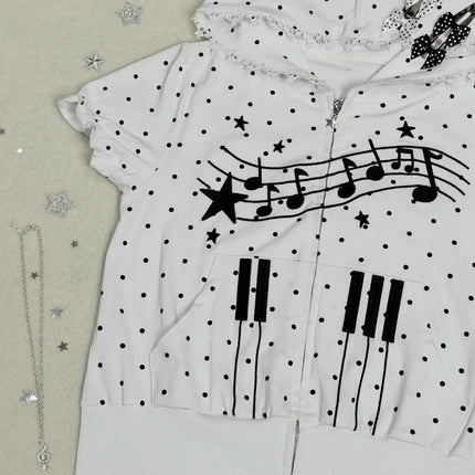 Polka Dot Music Note Print Hoodie Women Zip Up Lace Trim Short Sleeve Y2K Kawaii Coquette Casual Summer Sweatshirt