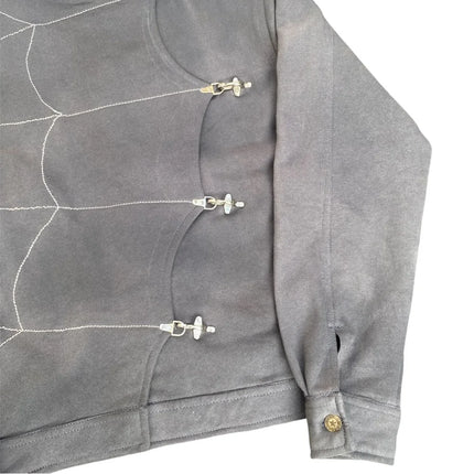 Women's Punk Grunge Jacket Grey Spider Web Embellished Asymmetric Hook Closure High Neck Fitted Cropped Coat 2026