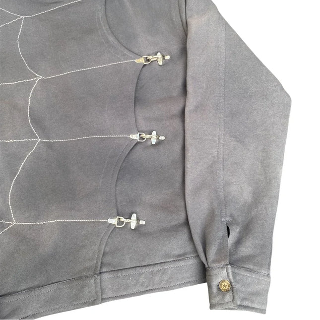 Women's Punk Grunge Jacket Grey Spider Web Embellished Asymmetric Hook Closure High Neck Fitted Cropped Coat 2026