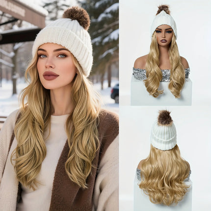 20inch Long Water Wavy Synthetic Hairpiece Beanie Hat - Woven Wigs with Knit Pom Cap and Warm Winter Design - Soft, Detachable,