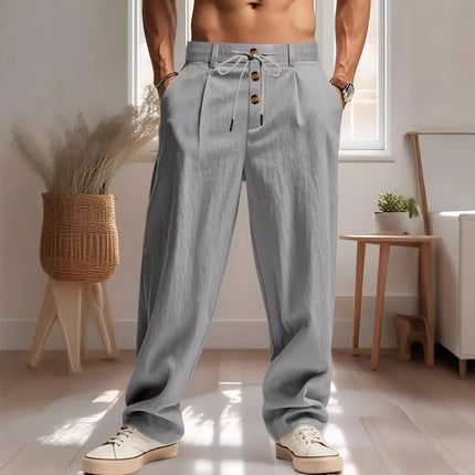 Men's Cotton Linen Long Pants Summer Solid Color Breathable Linen Trousers Male Casual Elastic Waist Casual Pants Harajuku Trous