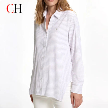 CH Woman's clothing - White vertical striped long-sleeved shirt - Buttoned neckline - With golden logo details