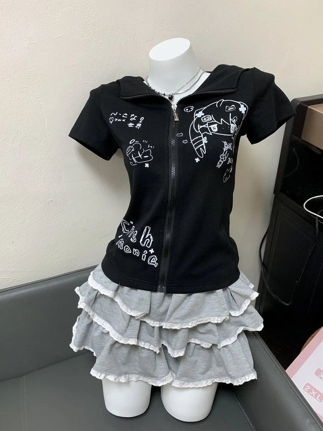 2026 Zebra Print Zip Up Hoodie Women's Clothing Hooded Short Sleeve Sweatshirts Y2k Tops Punk Causal Tees Fashion Summer Hoodies