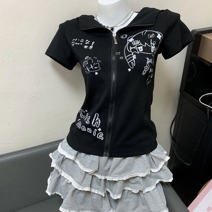 2026 Zebra Print Zip Up Hoodie Women's Clothing Hooded Short Sleeve Sweatshirts Y2k Tops Punk Causal Tees Fashion Summer Hoodies