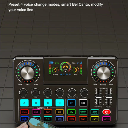 Audio Mixer, Live Sound Card with DJ Mixer Effects & Voice Changer, Sound Board with RGB, Music Recording Equipment