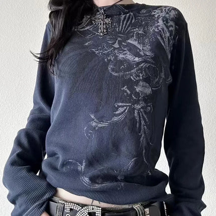 Y2K Hottie Grunge Cyber Mall Goth Thermal T-shirt Skulls Graphic Printed Long Sleeve Pullover Tops Women Vintage Aesthetic Tees
