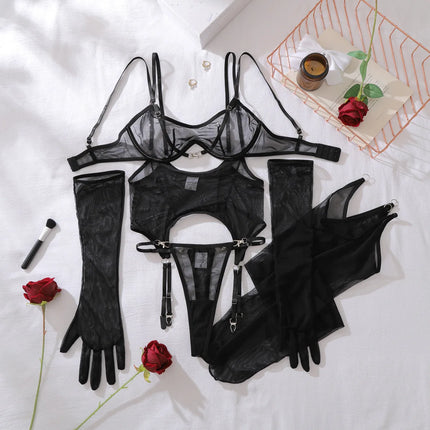 Sexy Mesh Breathable Lingerie Stockings Women's Shaping Ultra-thin Split Underwear Set Female Solid See Through Bra & Brief Sets
