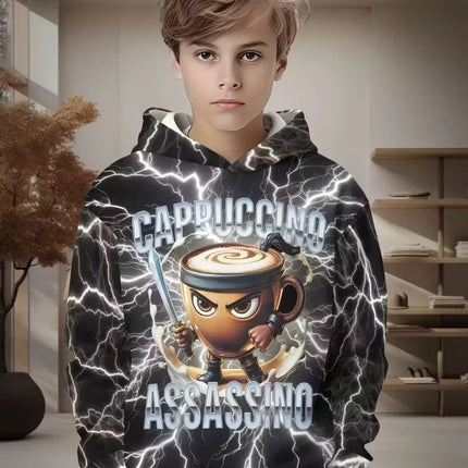 Funny Cappuccino Assassino Hoodies Boys Girls Funny Italian Brainrot Print Hoodie Long Sleeve Hooded Tops Kids Humor Sweatshirts