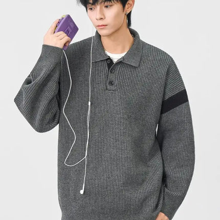 Autumn Winter Polo-Style Colour-Block Knit Sweater Men Effortlessly Stylish Relaxed Fit Loose Collar Top Warm Cosy