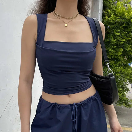 Folds Tanks for Women Solid Elegant Slim Sexy Harajuku Minimalist High Street Y2k Clothes Crop Tops Design