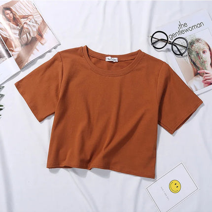 Summer Short Sleeve T Shirts Women  Solid T-shirt O Neck High Waist Crop Top Tee Female Casual Loose T Shirt