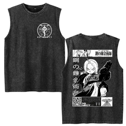 Anime Fullmetal Alchemist Vintage Washed Tank Tops Funny Manga Brotherhood Eyes T-shirts Fashion Casual Sleeveless Vest T-shirts