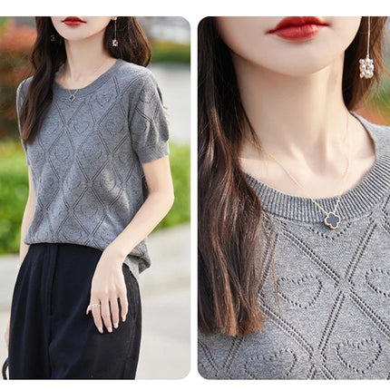 New Summer Fashion 100% Pure Cotton Women's Sweater Short sleeved Casual O-neck Pullover T-shirt Loose Knitted Hollow Top