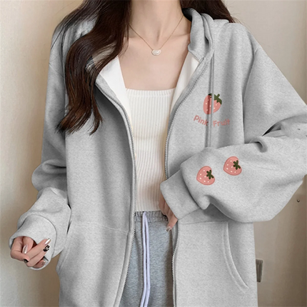 2025 New Strawberry Print Zipper Hooded Jacket Spring And Autumn Thin Collection Fashion Trends Versatile Casual Lazy Wind