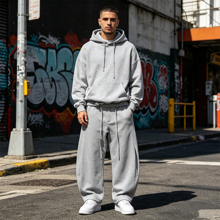 Men's Grey Wide Leg Sweat Pants Casual Drawstring Waist Baggy Curved Sweatpants Streetwear Vintage Barrel Pants Oversized