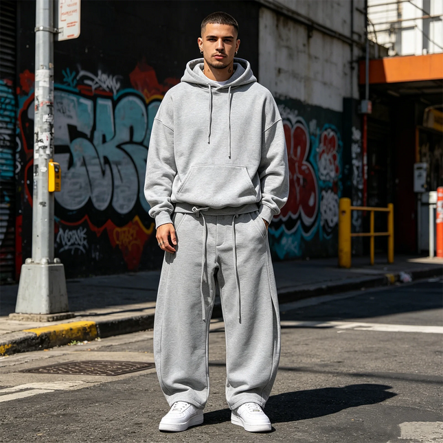 Men's Grey Wide Leg Sweat Pants Casual Drawstring Waist Baggy Curved Sweatpants Streetwear Vintage Barrel Pants Oversized