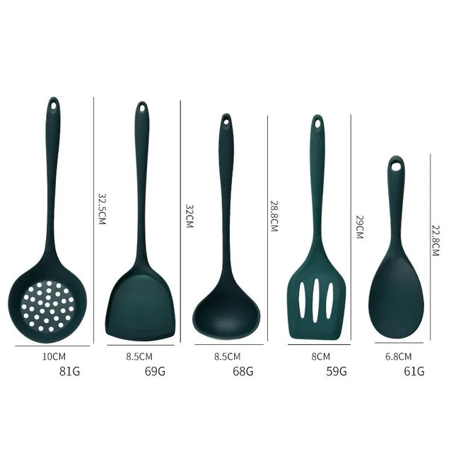 5Pcs Food Grade Silicone Kitchen Utensils Set Heat Resistant Non-Stick Spatula Ladle Slotted Spoon Cooking Tools Green