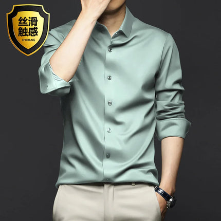6XL Mens dress black shirts long-sleeved Office Wear Oversize wrinkle-proof non-ironed solid color business casual ice silk
