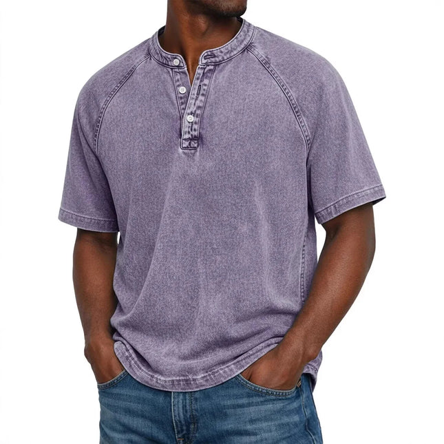 Men Vintage Washed Cotton Polo Shirt Summer Solid Color Henley Collar Short Sleeve Tops Retro Casual Slim Fit Fashion Men's Polo