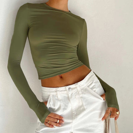 Basic Crewneck Casual Crop Tops for Women Y2K Solid Skinny Long Sleeve Slim Fit Stretchy Cropped Tees T-Shirts with Thumb Holes