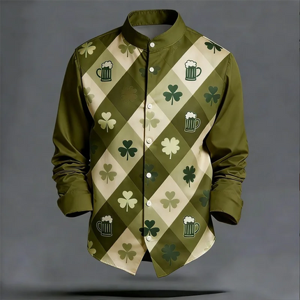 Men's long sleeved shirt with lucky grass pattern, fashionable trend, loose top, street outdoor, casual and comfortable
