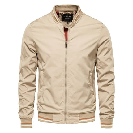 New spring-autumn men's jacket - casual and lightweight windproof coat with zipper closure, striped ribbed collar and cuffs.