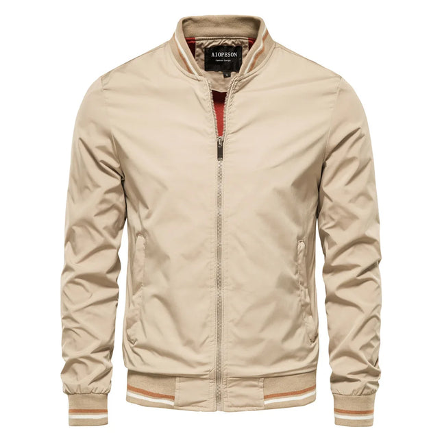 New spring-autumn men's jacket - casual and lightweight windproof coat with zipper closure, striped ribbed collar and cuffs.