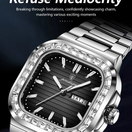 POEDAGAR Square Fashion Men's Watch Date Week Waterproof Luminous Quartz Man Watch Stainless Steel Luxury Sports Watches For Men