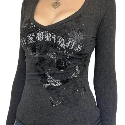 Women Long Sleeve T-shirt Graphic Gothic Print Punk Grunge Y2K Aesthetic Tee Tops Spring Fall Shirts