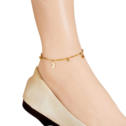 Hot Sell Exquisite Gold Color Stainless Steel Small Round Zircon Star Moon Pendant Anklets for Woman Korean Summer Beach Jewelry
