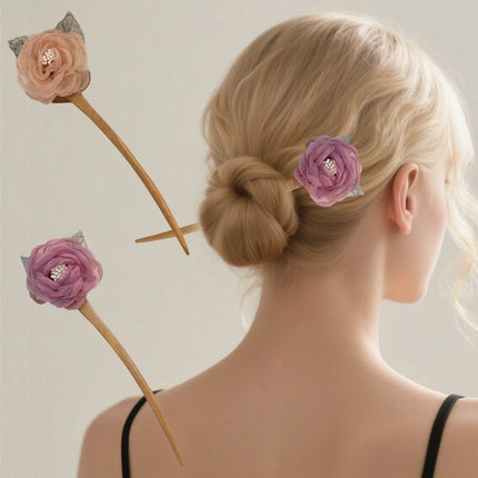 New Rose Hair Stick Bun Flower for Women Girls Elegant Wooden Hair Fork Chinese Style Fashion Hairpin Hair Accessories Headwear