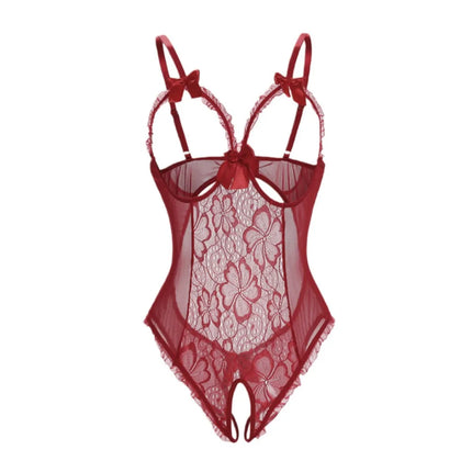 Fashion Deep V Lace Bow Bodysuit Mesh Hollow Transparent Lace Sling Nightwear Open Crotch Backless Sleeveless Jumpsuits Gifts