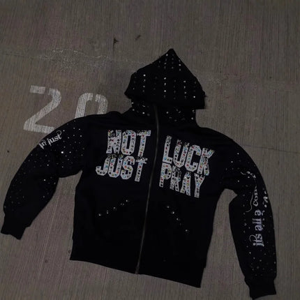 2025 Letter Versatile Hot Stamping Hoodie Cardigan Hooded Jacket New Style with Diamond Stickers Trendy Personalized Street Hood
