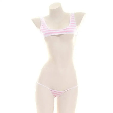 Blue White Stripe Bikini Set Women Swimsuit Striped Halter Micro Bikini Set Lolita Kawaii Swimsuit Backless String Tied Bathing