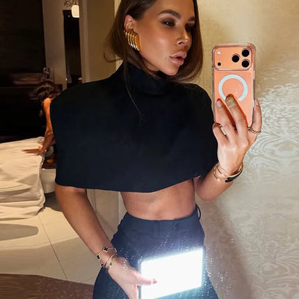 Elegant Cropped Shawl Tops Women's Short Sleeves Stand Collar Coat With Shoulder Pad 2026 New Ladies Spring Summer Solid Outwear
