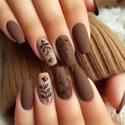 Dark Brown Flowers 24 Pcs Press-on Nails Pink Nail Polish Glossy Artificial Finger Manicure Reusable False Nails