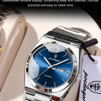 POEDAGAR Fashion Casual Men's Wristwatch Waterproof Luminous Date Week Men's Watches Stainless Steel Quartz Business Men Watch+Box