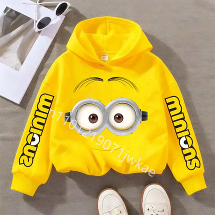 Minions Boys and Girls Hooded Yellow Sweatshirts Children's Autumn and Winter Casual Fashion Printed Warm Pullover Sweatshirts