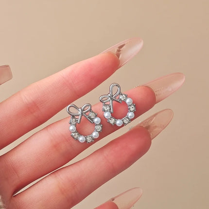 Fashion Lmitation Pearl Crystal Bow Stud Earring For Women Girl Fashion Cute Loreanearrings Party Trending Jewelry Wholesale