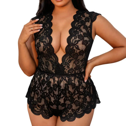 Black Sexy Deep V Bodysuit One-piece Plus-size Womens Clothing Summer Romantic Date Pajamas Transparent Lace Crotchless Lingerie