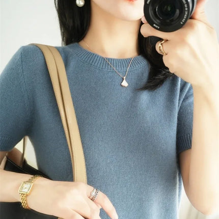 Summer New Women's Knitted Short Sleeve T-shirt Thin Wool Cashmere Short Sleeve Loose Fit Round Neck Top Outerwear Straight Cut