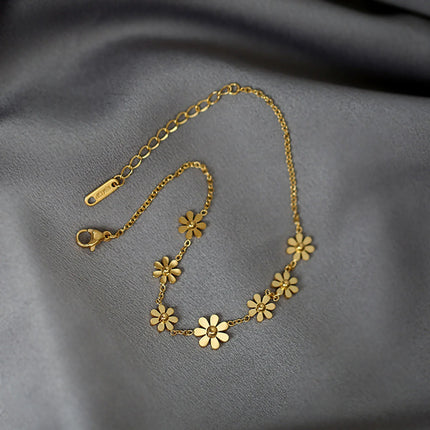 304 Stainless Steel Stylish Link Chain Anklet Daisy Flower Summer Beach Anklets On Foot For Women Jewelry 21cm(8 2/8") long