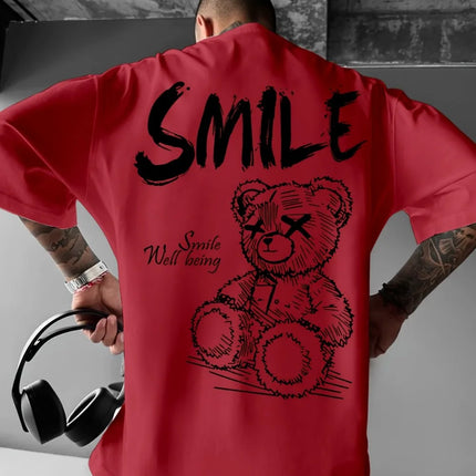 Trendy summer new men's personalized teddy bear print micro-elastic comfortable breathable crew neck T-shirt outdoor urban top