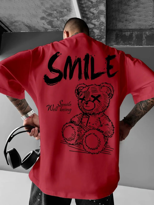 Trendy summer new men's personalized teddy bear print micro elastic comfortable breathable round neck T-shirt outdoor urban top