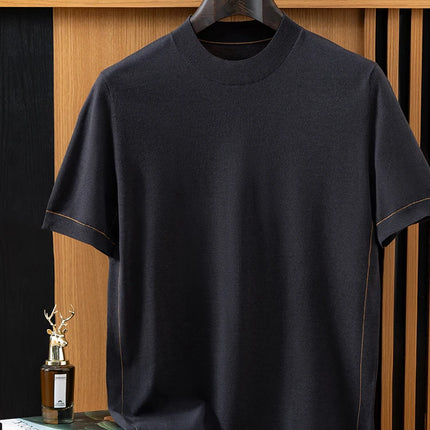 2026 Spring/Summer New Men's Short Sleeved 100% Wool T-Shirt Sweater O-neck Solid Color Loose Knit Pullover Business Casual Tops